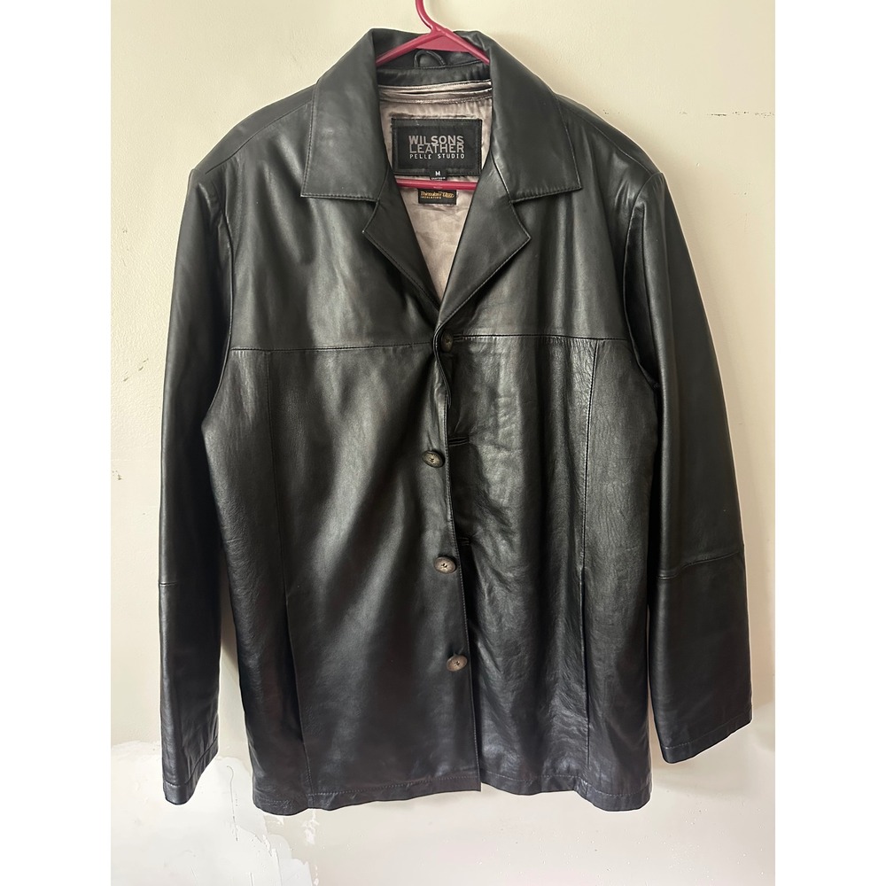 Vintage Wilson's Leather Pelle Studio Black Leather Car Coat Mens Medium